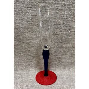 Kosta Boda Blown Glass Champagne Flute Cobalt Blue Stem Red Swirl Base 10.25"